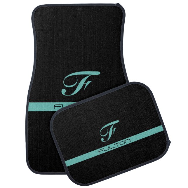 Trendy Black & Light Teal, Monogram & Name Car Floor Mat (Set)