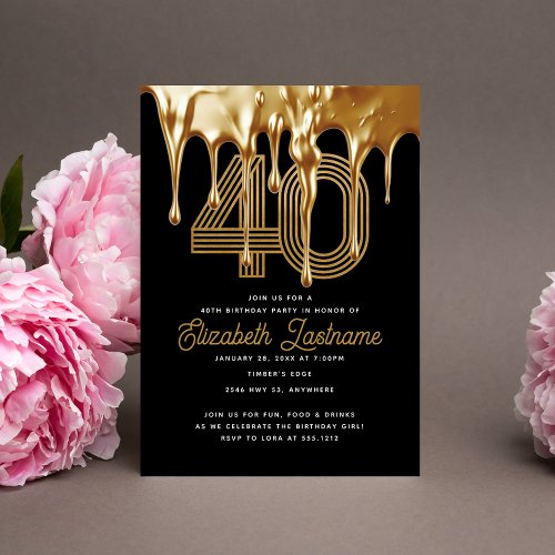 Trendy Black Liquid Gold Drip 40th Birthday Invitation