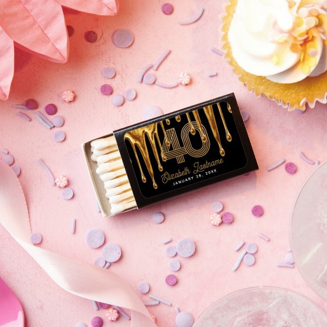 Trendy Black Liquid Gold Drip 40th Birthday Matchboxes (Insitu)