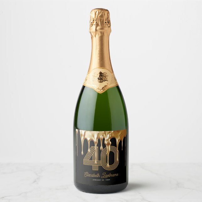 Trendy Black Liquid Gold Drip 40th Birthday Sparkling Wine Label (Front)