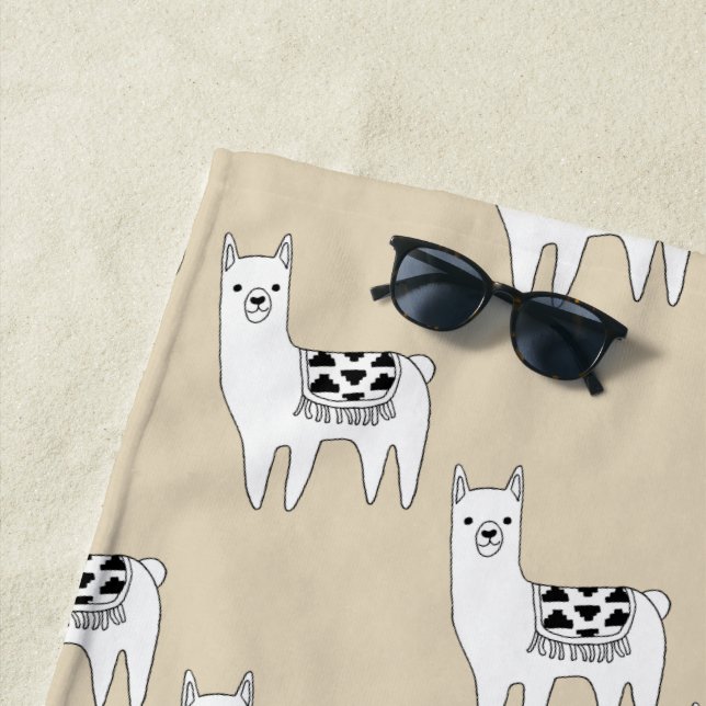 Trendy Black & Llama Sketch with Initials Beach Towel (In Situ)
