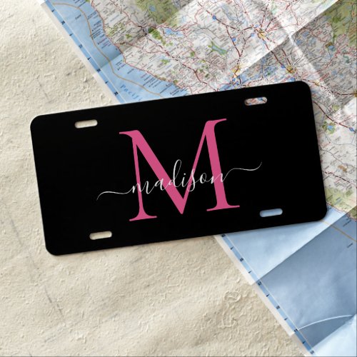 Trendy Black Magenta Pink Monogram Feminine Script License Plate