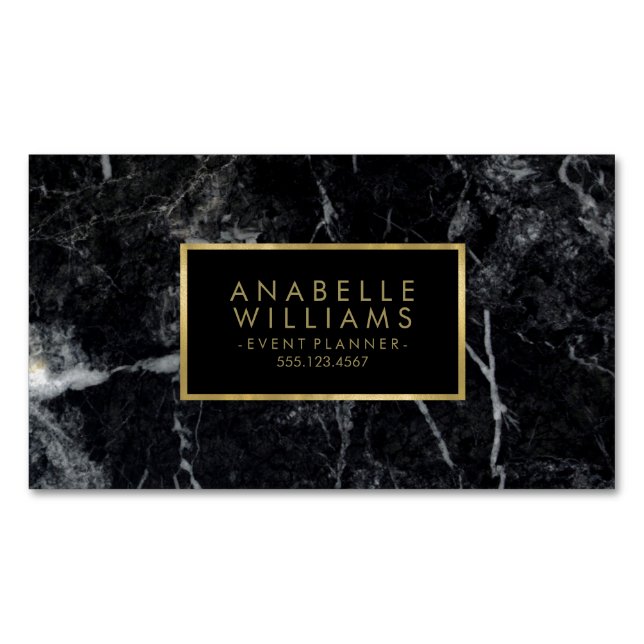 Trendy Black Marble and Printed Gold Texture Business Card Magnet (Front)