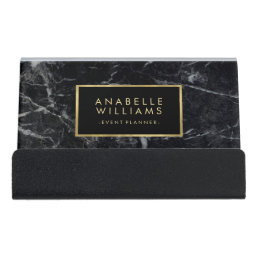 Trendy Black Marble and Printed Gold Texture Desk Business Card Holder