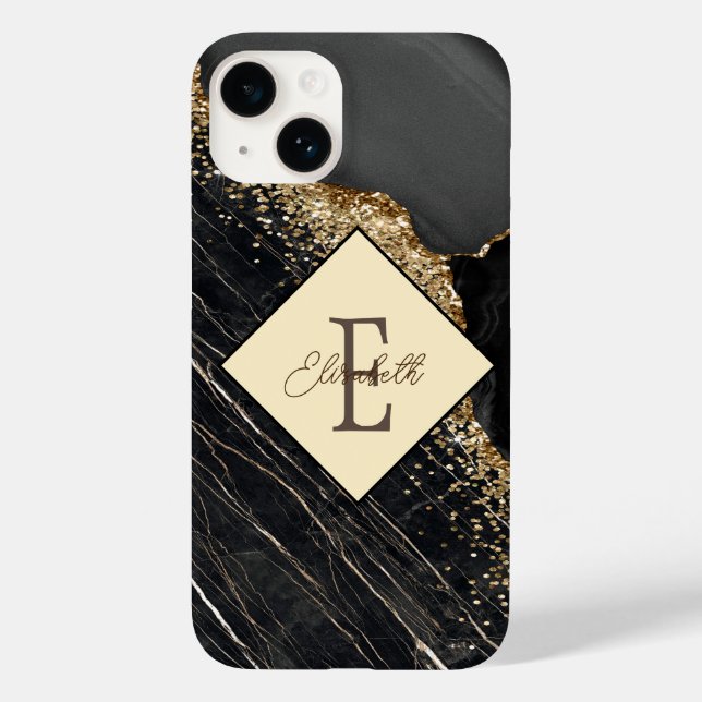 Trendy Black Marble,Gold Sequins Monogram  Case-Mate iPhone Case (Back)