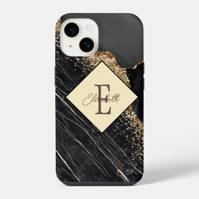 Trendy Black Marble,Gold Sequins Monogram  Iphone Case (Back)