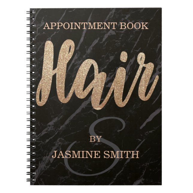Trendy Black Marble Hair Champagne Glitter Notebook (Front)