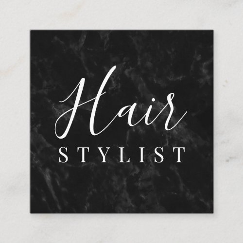Trendy black marble hair stylist script signature square business card
