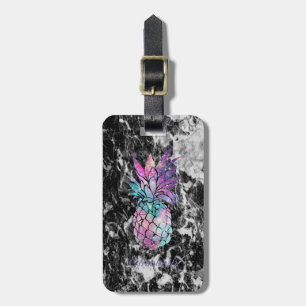 Trendy Black Marble , Pineapple - Personalized Luggage Tag