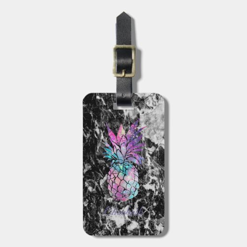 Trendy Black  Marble  Pineapple _ Personalized Luggage Tag