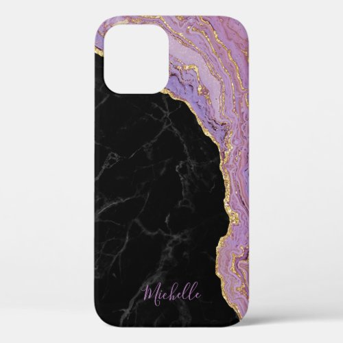 Trendy Black Marble Purple  Gold Agate with Name iPhone 12 Case