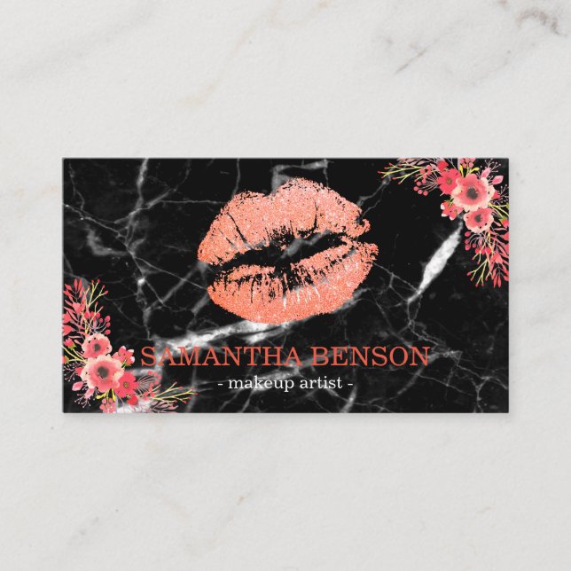 Trendy Black Marble Rose Gold Lips Makeup Artist Business Card (Front)