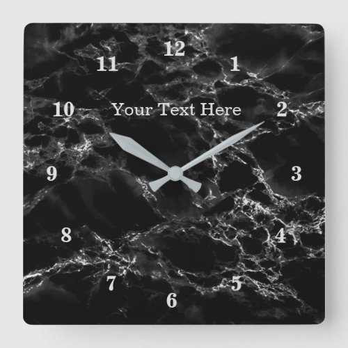 Trendy Black Marble Stone _ Add Your Text  Name Square Wall Clock