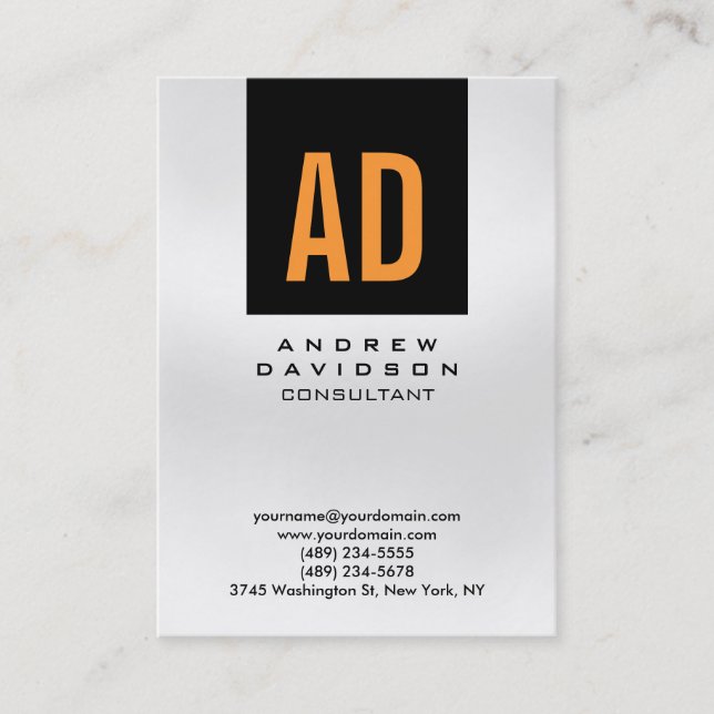 Trendy Black Orange Gray Monogram Business Card (Front)
