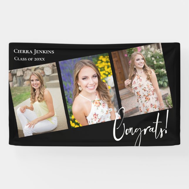 Trendy Black Photo Graduation Party Banner (Horizontal)