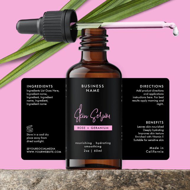 Trendy Black & Pink 2 OZ Dropper Bottle Label (Trendy Black & Pink Dropper Bottle Wraparound Label Design)
