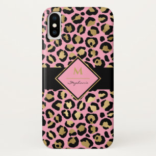 Trendy Black Pink and Gold Leopard Print Monogram iPhone X Case