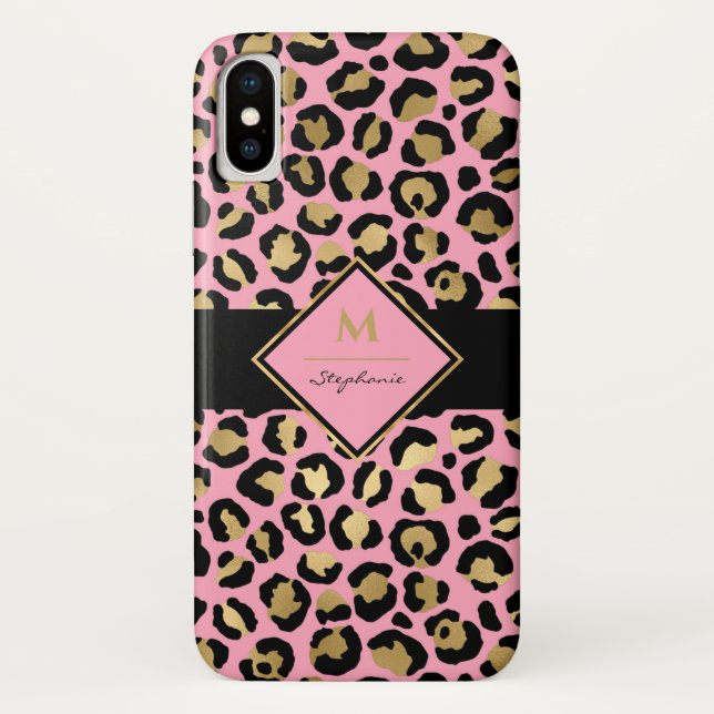 Trendy Black Pink and Gold Leopard Print |Monogram Case-Mate iPhone Case (Back)