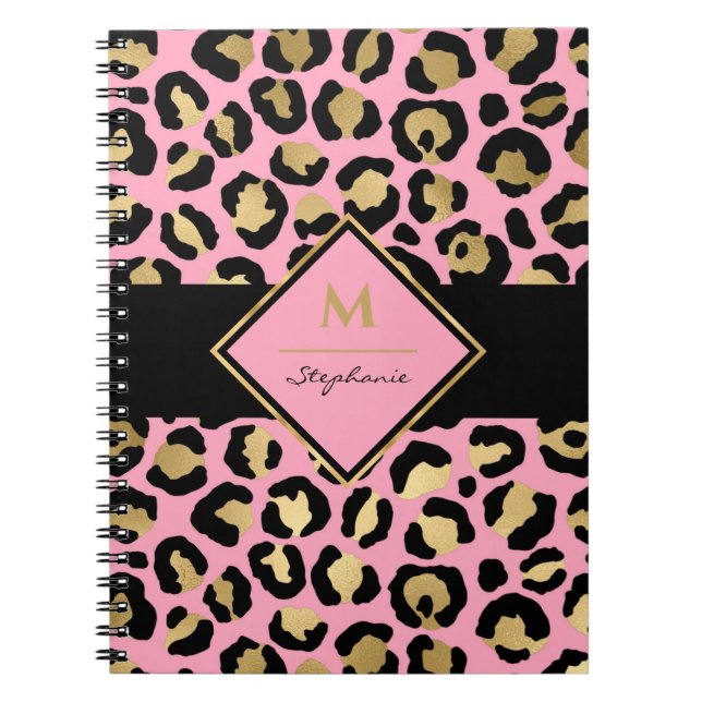Trendy Black Pink and Gold Leopard Print |Monogram Notebook (Front)