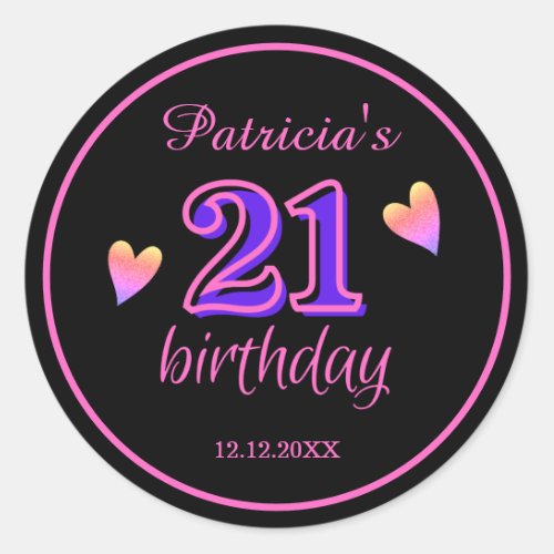 Trendy Black Pink And Purple Heart 21st Birthday Classic Round Sticker