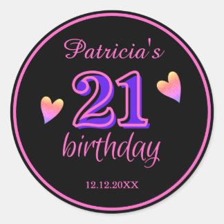 Trendy Black Pink And Purple Heart 21st Birthday Classic Round Sticker
