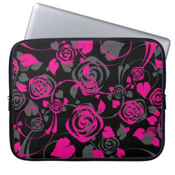 Trendy Black & Pink Floral Rose Laptop Sleeve by celebrateitgifts at Zazzle