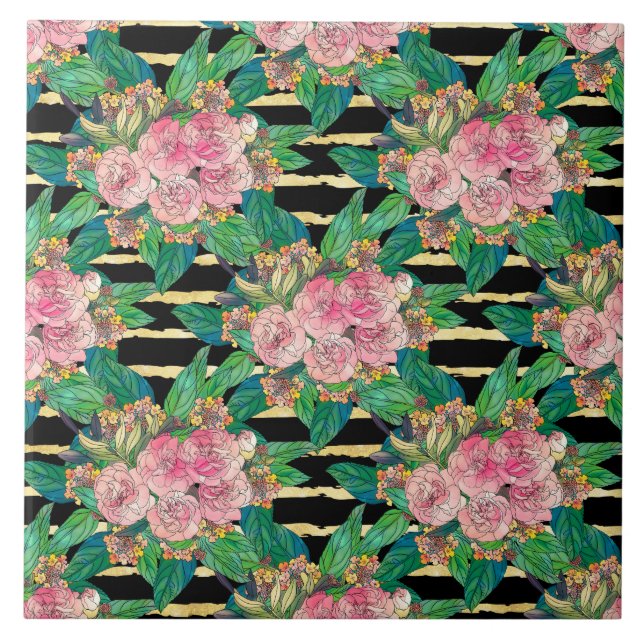 Trendy Black Pink flowers Gold Stripes Botanical Ceramic Tile (Front)