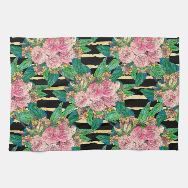 Trendy Black Pink flowers Gold Stripes Botanical Kitchen Towel (Horizontal)