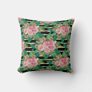 Trendy Black Pink flowers Gold Stripes Botanical Throw Pillow