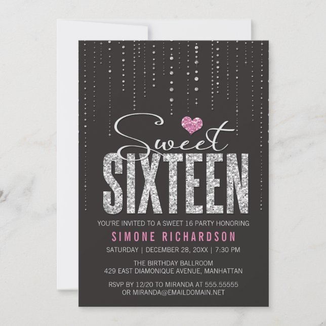 Trendy Black Pink Silver Glitter Sweet 16 Invitation (Front)