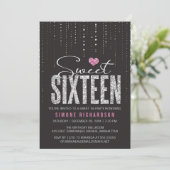 Trendy Black Pink Silver Glitter Sweet 16 Invitation (Standing Front)