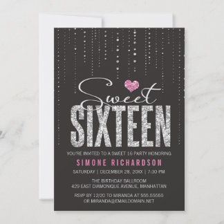 Trendy Black Pink Silver Glitter Sweet 16 Invitation