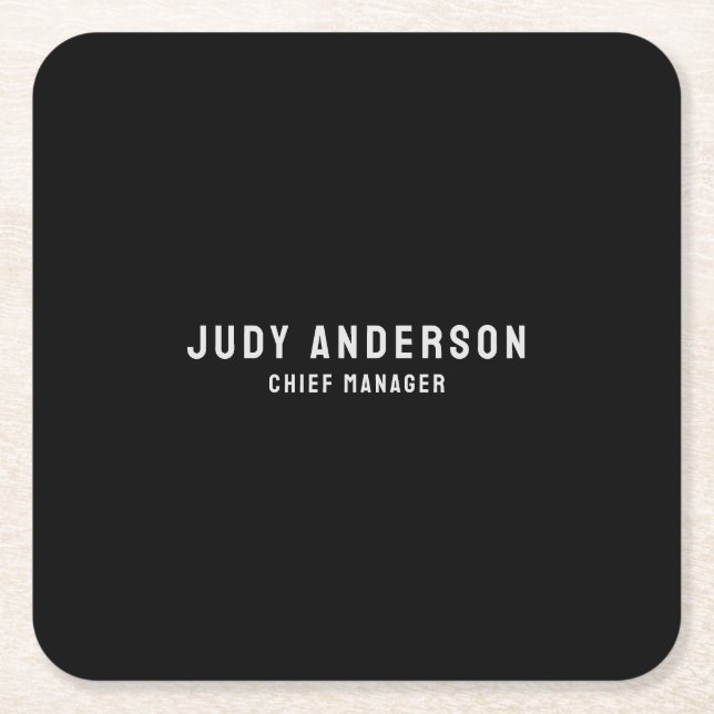 Trendy Black Professional Plain Modern Elegant Square Paper Coaster (Front)