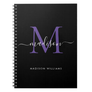Trendy Black Purple Violet Monogram Script Name Notebook
