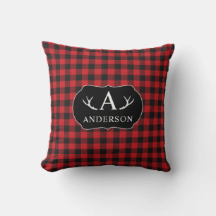 Trendy Black Red Buffalo Plaid Antler Monogram Throw Pillow
