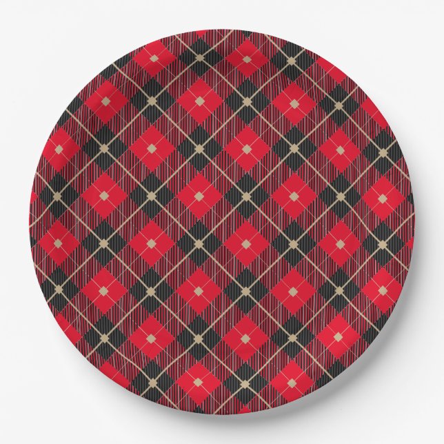 Trendy Black Red Plaid Pattern Paper Plates (Front)