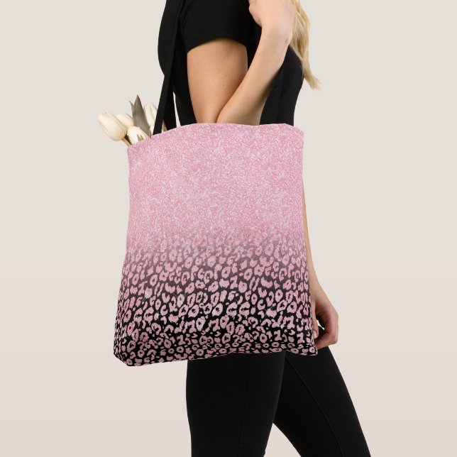 Trendy Black Rose Gold Glitter Leopard Ombre Tote Bag (Close Up)