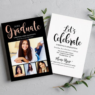 Trendy Black Rose Gold Graduate Multi Photo Foil Invitation