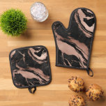 Trendy Black Rose Gold Marble Oven Mitt &amp; Pot Holder Set