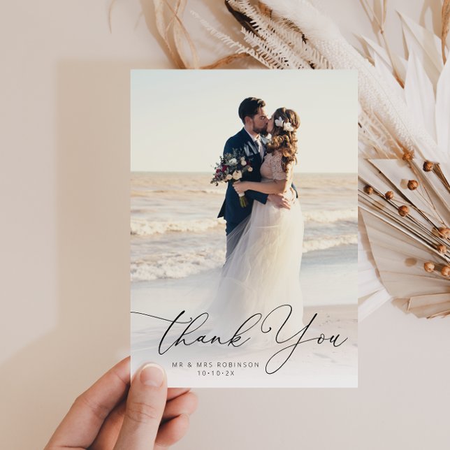trendy black script wedding photo thank you card (Creator Uploaded)