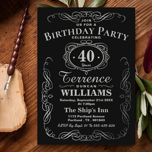 Trendy Black  Silver Typography Birthday Party Invitation