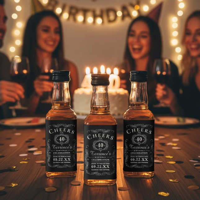 Trendy Black & Silver Typography Birthday Party Liquor Bottle Label (Creator Uploaded)