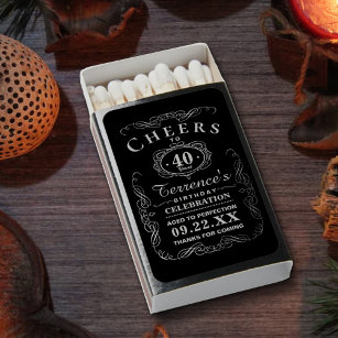 Trendy Black & Silver Typography Birthday Party Matchboxes