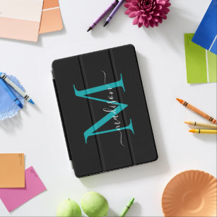 Trendy Black Teal Green Monogram Feminine Script iPad Air Cover