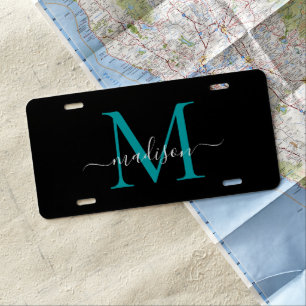 Trendy Black Teal Green Monogram Feminine Script License Plate