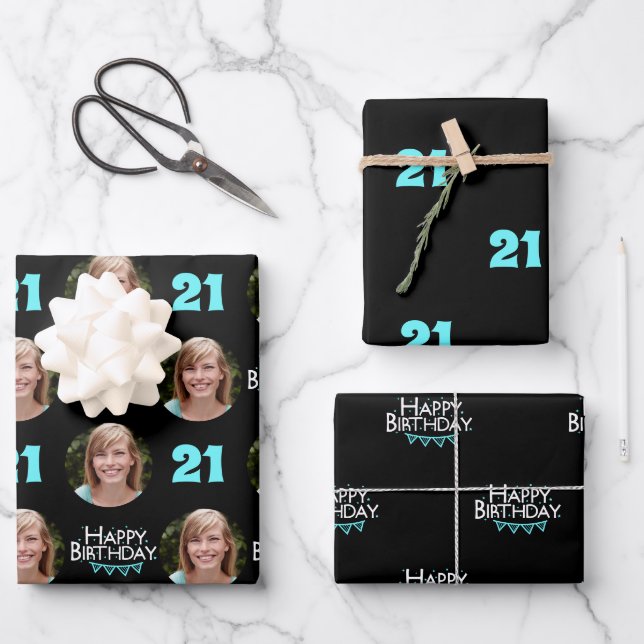 Trendy Black Teal Photo Collage 21st Birthday Wrapping Paper Sheets (Front)