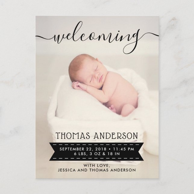 Trendy Black & White Birth Announcement Postcard (Front)