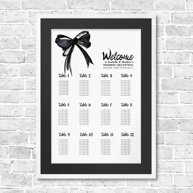 Trendy Black White Bow Chic Wedding Seating Chart (Trendy Black and White Bow Chic Wedding Seating Chart Plan Template watercolor elegant simple script)