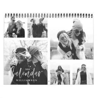 Trendy Black & White Brush Script Photo Collage Calendar