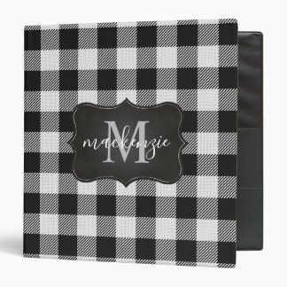Trendy Black & White Buffalo Plaid/Check Monogram 3 Ring Binder